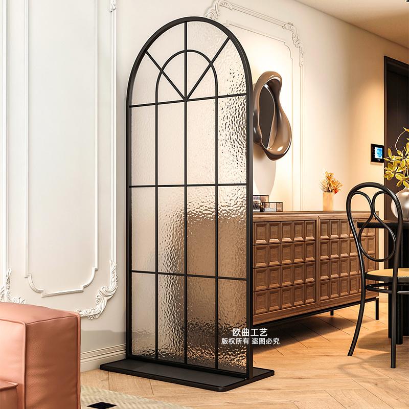 No-Drill French Cream-Style Water-Pattern Glass Partition for Living Room Entrance, Facing the Door, Movable Changhong Screen