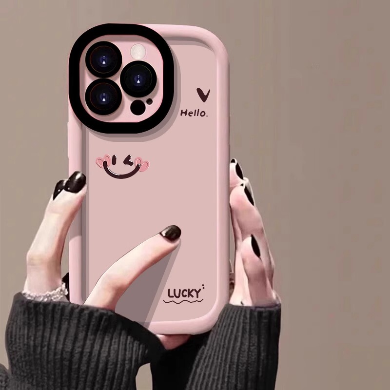 Pink Smiley Face Suitable for Apple 17 Pro Max Phone Case, New Painted iPhone 16 Pro Skin-Feel Puff 15 Full Lens Coverage 14 Simple Creative 13 Niche High-End Feel X Silicone Protective Case