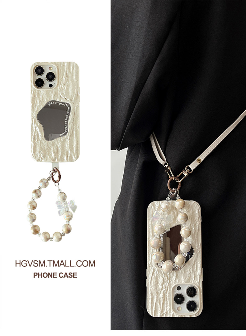 Antique White Embossed Makeup Mirror Suitable for Apple 17 Phone Case, New 16 Pro Max Full-Cover Anti-Drop 15 Marble Butterfly Bracelet 17 Pro Niche High-End Feel 14 Crossbody Strap 13 Protective Case — تصویر 1