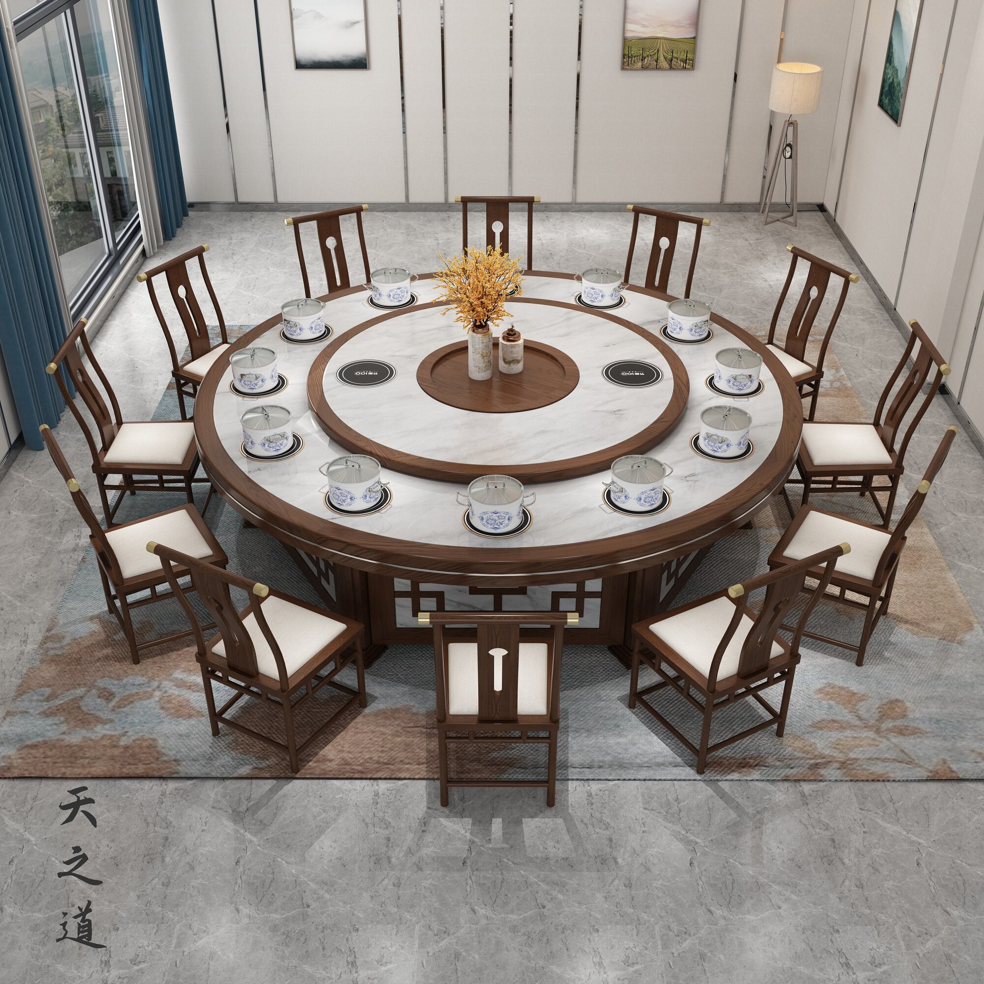 Hotel table Electric hot pot big round table Commercial table and chairs One-pot solid wood hotpot table induction stove integrated-Taobao