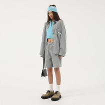 DNT Han Huohuo handsome to foul tone Street Sense vertical stripe embroidered denim shirt jeans shorts set