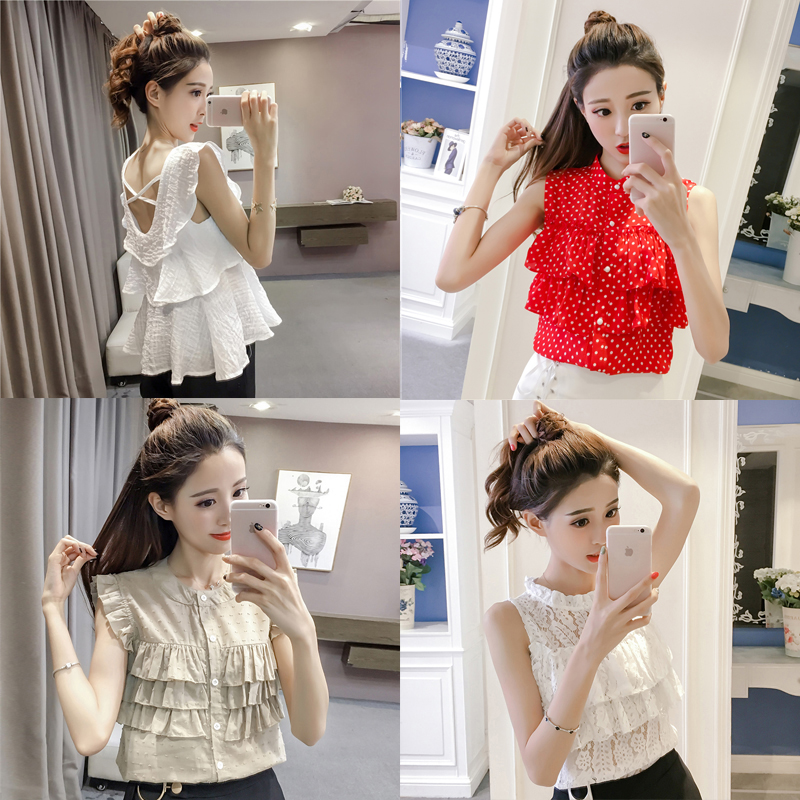 2018 summer new ruffled fashion loose sweet little shirt small fresh sleeveless vest top chiffon shirt female