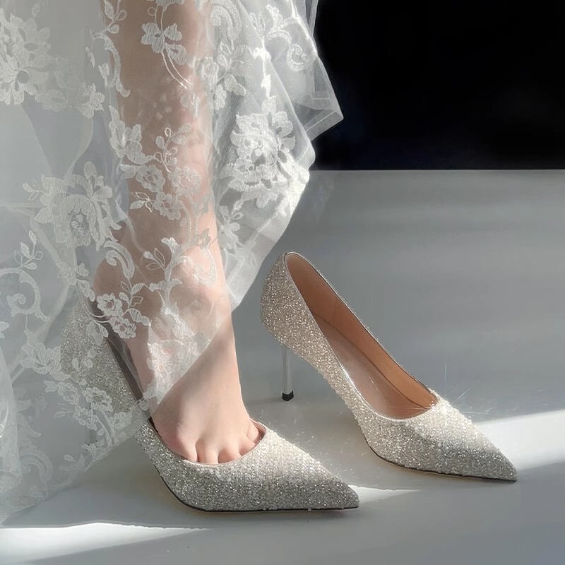 Silver High Heels for Women 2024 New Style, White-Enhancing, Simple, Height-Increasing, Sequined French Wedding Shoes, Bridal Shoes, Can Be Worn Daily