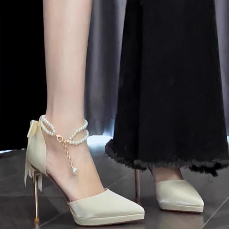 One-Strap Hollow Waterproof Platform Stiletto High Heels, Feminine Champagne-Colored Wedding Shoes, Satin Pointed-Toe Single Shoes, Summer 10cm