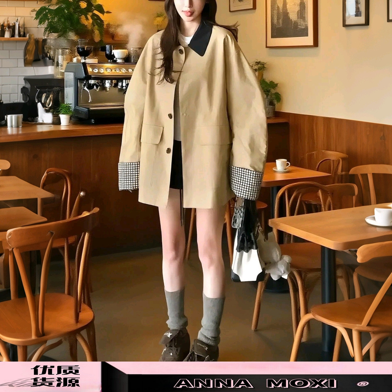 Store Skk Gao Zhi Barn Style Khaki Trench Coat with Contrasting Plaid Patchwork Short Loose Jacket for Women Store Skk Gao Zhi Barn Style Khaki Trench Coat with Contrasting Plaid Patchwork Short Loose Jacket for Women