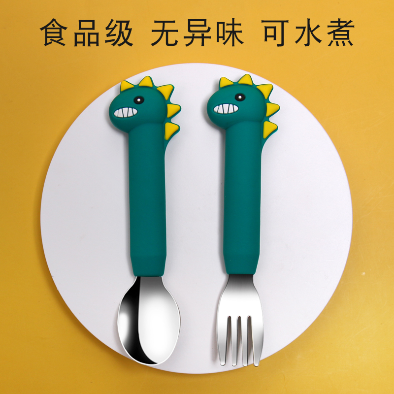 Stainless steel non-staple food spoon children's tableware cute baby learning to eat training meal spoon baby long handle fork set