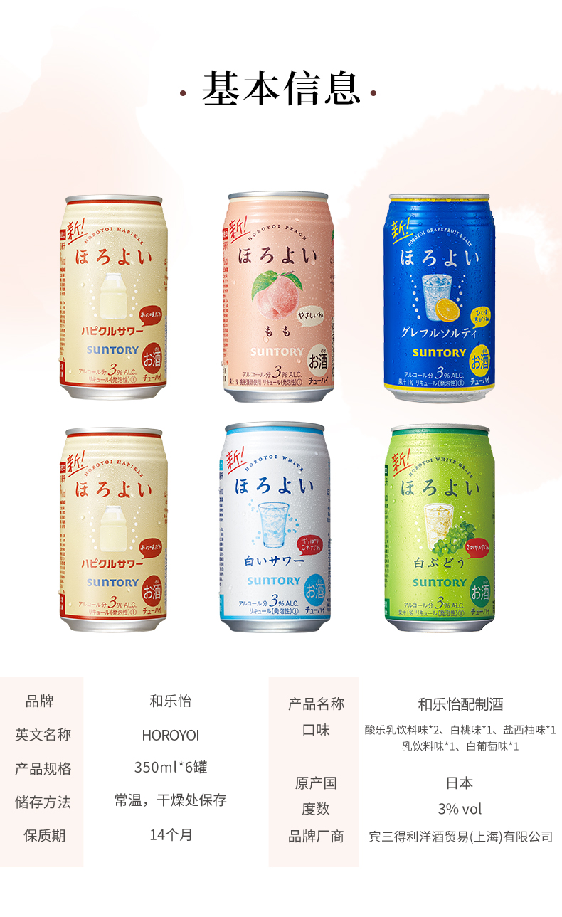 日本原装进口 三得利旗下 和乐怡HOROYOI 5口味 预调网红鸡尾酒 350mL*6罐 图7