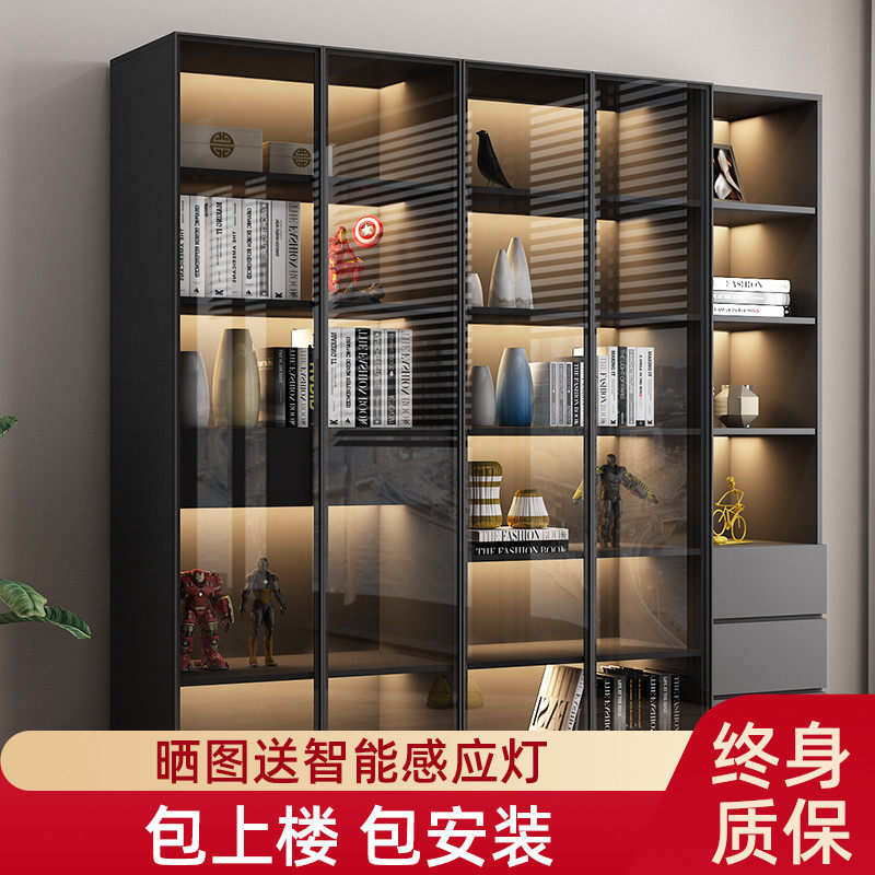 Bookcase with glass door Nordic minimalist modern floor book room bookcase Living room full wall solid wood light and luxurious lockers