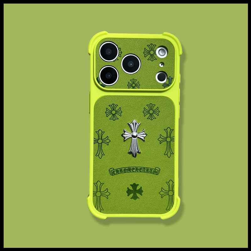 Fluorescent Green Chrome Hearts 3D Logo Apple 17 Pro Phone Case Suitable for iPhone 16 Pro Max/17 Pro Max Full Coverage Anti-Drop 15 Pro Max 14 Pro Stylish Leather 16 Pro 17 Protective Case