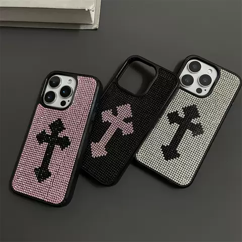Gothic Rhinestone Cross Black & Pink Bling Phone Case for iPhone 17, 16, 15, 14, 13 and 12