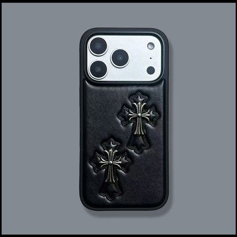Black Leather Cross Emblem Embossed Textured iPhone Case