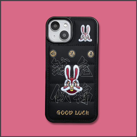 Black — New Cute Good Luck Rabbit Puffy Puffer Down Jacket 14, 13, 12 iPhone Case