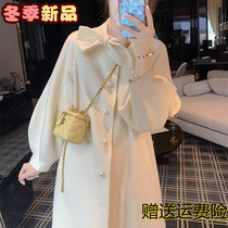 White woolen coat womens autumn and winter 2022 new bow small high-quality cape woolen coat