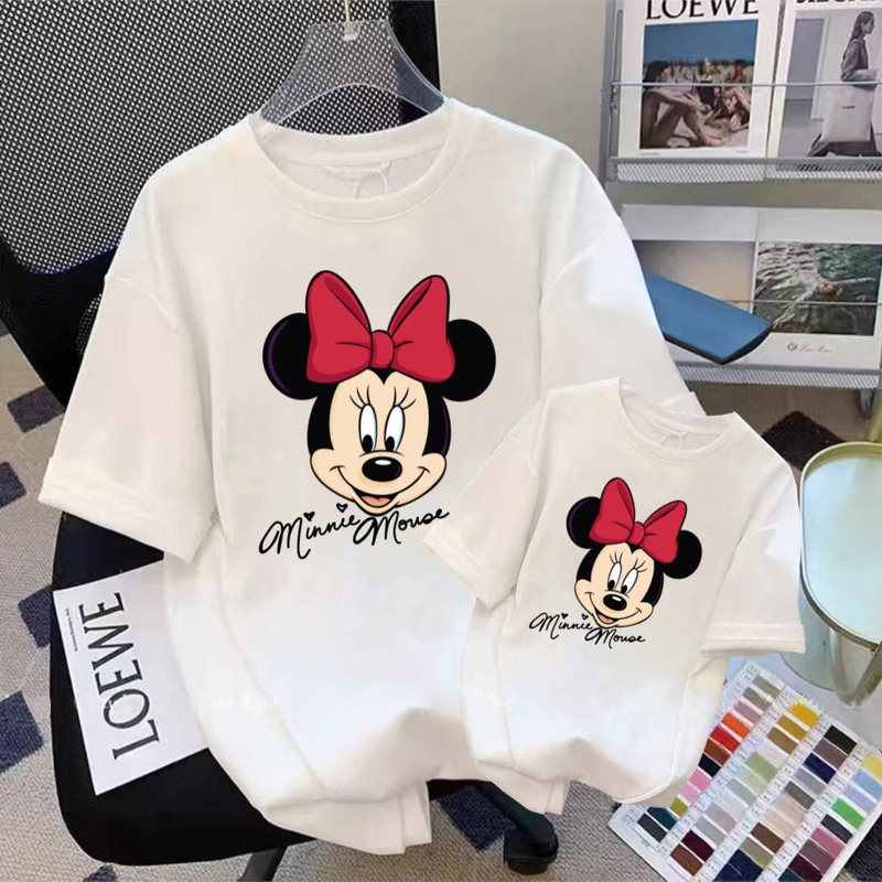 Minnie Family Matching Outfits for a Family of Four, Men's and Women's Fashion Cartoon Mother-Daughter and Mother-Son Short-Sleeve T-Shirts Trendy