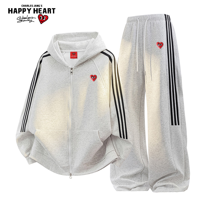 Charles Peach Heart Striped Sports Set Men and Women Spring and Autumn Long Sleeve Cardigan Sweater Straight Trousers Two-piece Set