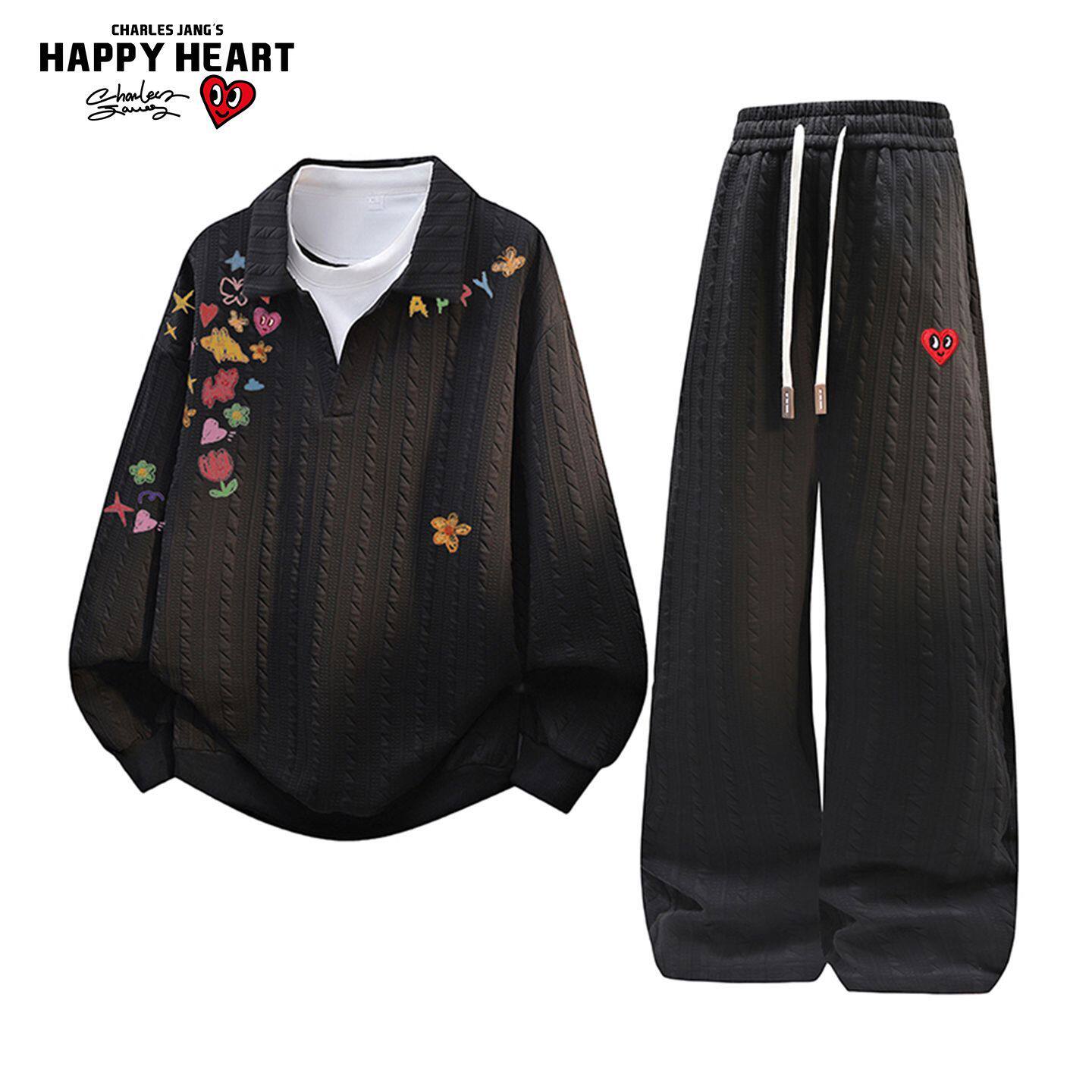 charles Peach heart   American style flowers and plants printing Fake two Shirt collar Sweater suit men and women Long pants Two piece set