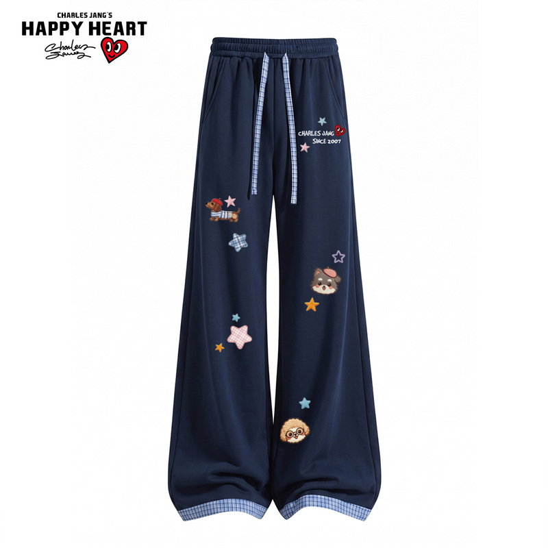 Charles Heart-Shaped Childlike Print Plaid Patchwork Casual Pants Unisex Autumn New Loose Drape Wide-Leg Trousers Charles Heart-Shaped Childlike Print Plaid Patchwork Casual Pants Unisex Autumn New Loose Drape Wide-Leg Trousers