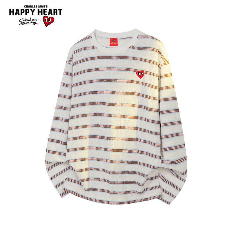 Charles Heart Striped Contrast Color Round Neck Long Sleeve T-Shirt for Men and Women, Spring and Autumn Thin Loose Breathable Knitted Top Charles Heart Striped Contrast Color Round Neck Long Sleeve T-Shirt for Men and Women, Spring and Autumn Thin Loose Breathable Knitted Top
