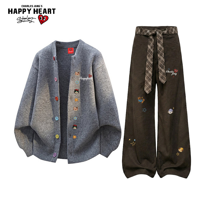 Charles Heart Vintage Cardigan Knitwear Set for Men and Women, New Autumn Style, Draped Straight-Leg Casual Pants Two-Piece Set Charles Heart Vintage Cardigan Knitwear Set for Men and Women, New Autumn Style, Draped Straight-Leg Casual Pants Two-Piece Set