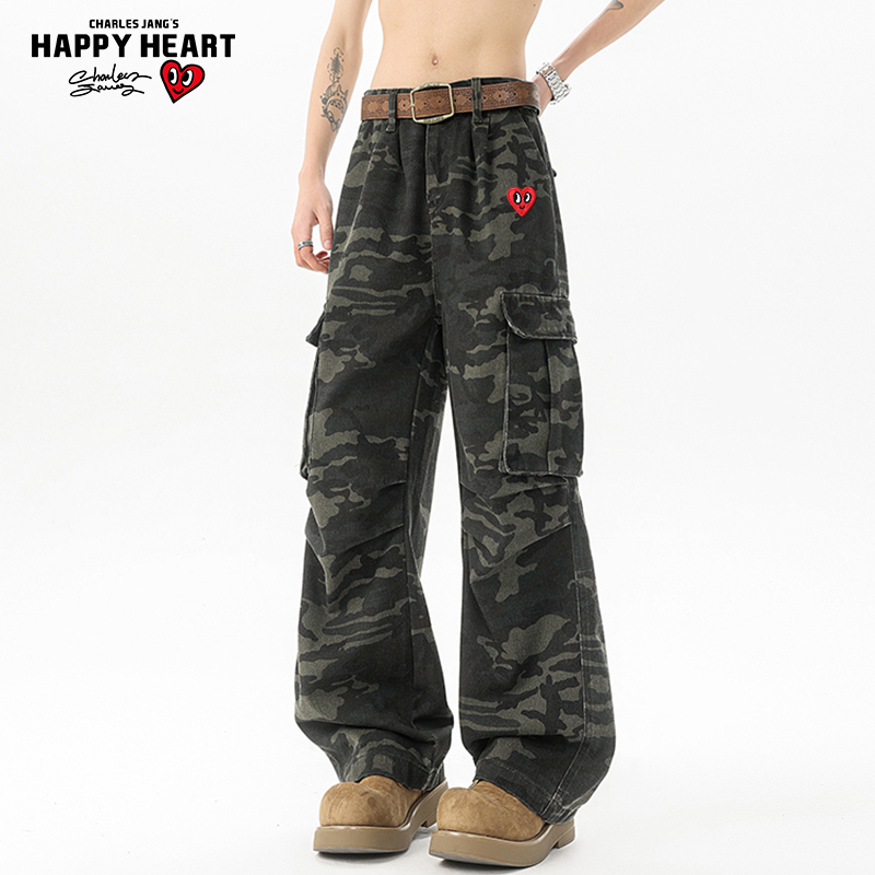 Charles Peach Heart American High Street Retro Camouflage Jeans for Men, Spring, Summer, and Autumn, Loose Straight-Leg Work Pants Charles Peach Heart American High Street Retro Camouflage Jeans for Men, Spring, Summer, and Autumn, Loose Straight-Leg Work Pants