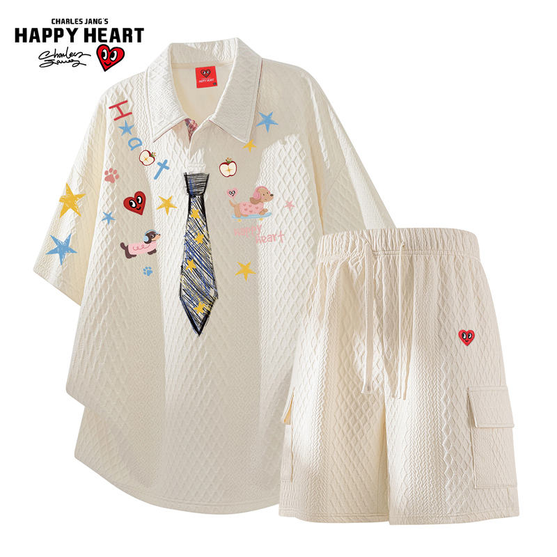 Charles Peach Heart Old Money Style Casual Suit Men's 2026 Summer New Couple T-Shirt Polo Shirt Short Sleeve Shorts
