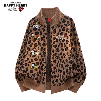 Charles love heart american retro leopard print cardigan sweater men's autumn and winter pet print stand collar sweater jacket