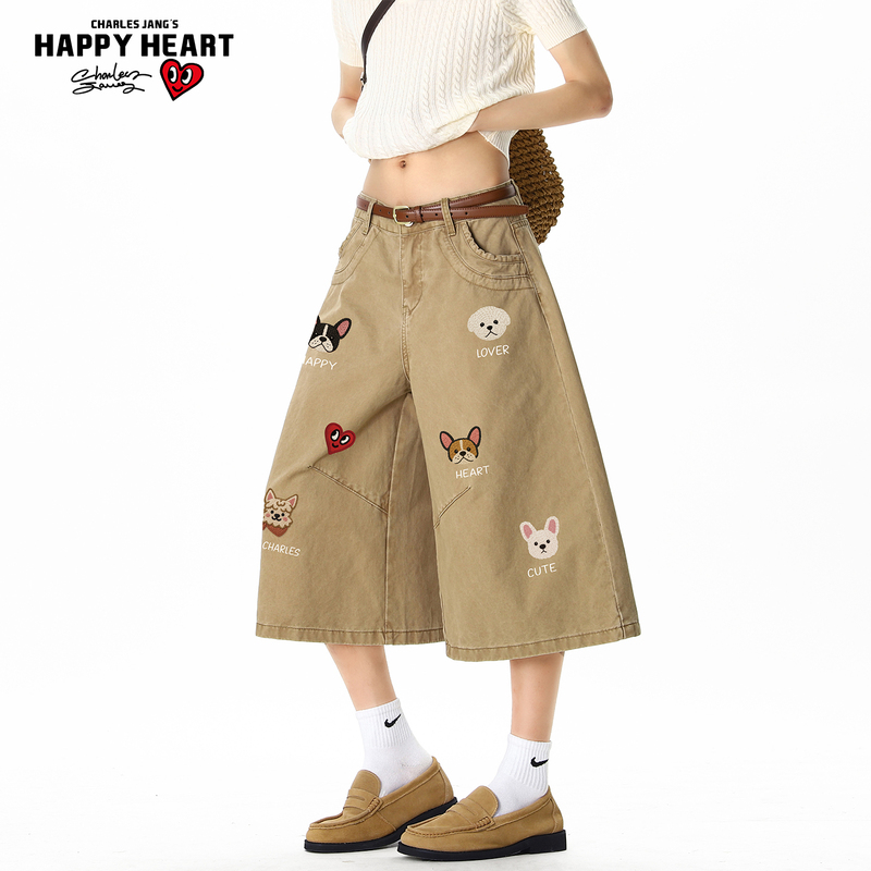 Charles Peach Heart Casual Denim Shorts Unisex Summer Thin Cotton Washed Workwear Pants Patchwork Capri Pants
