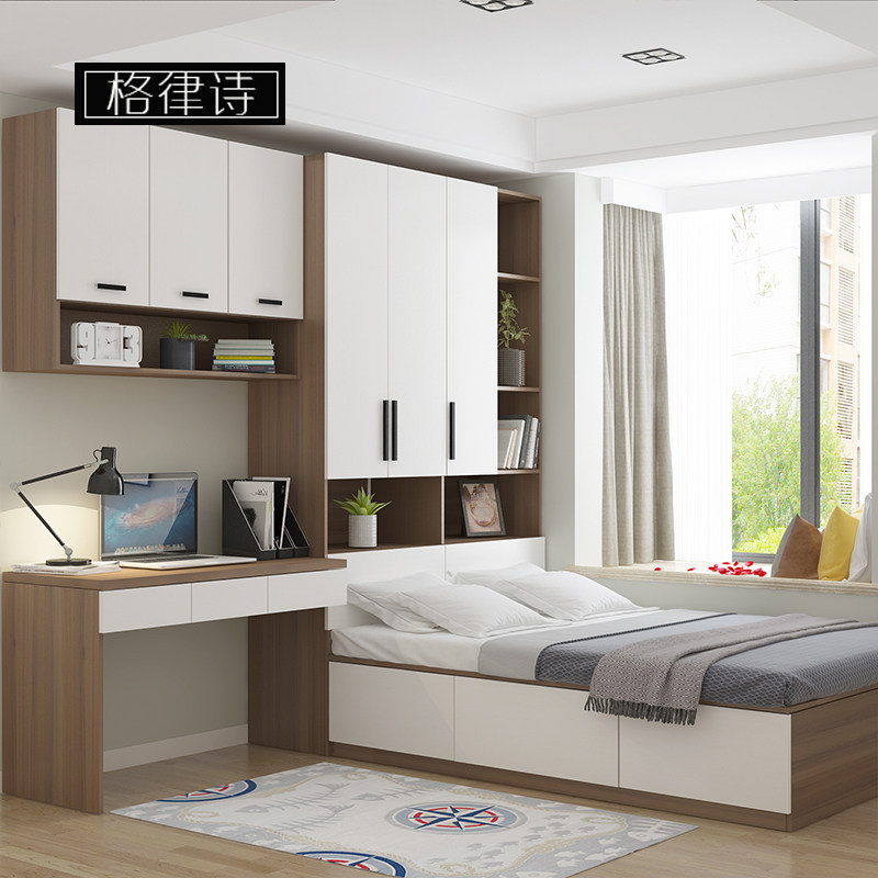 Modern minimalist small apartment tatami bed wardrobe integrated desk high box storage bed multifunctional bedroom storage bed