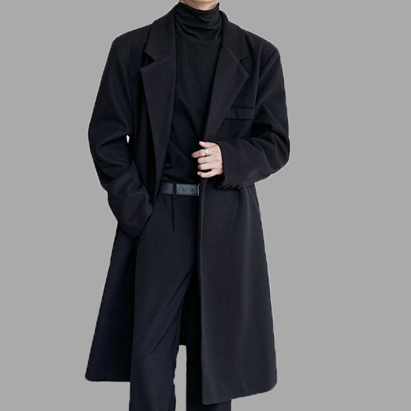Winter Long Trench Coat for Men, Casual Korean Style, Loose Mid-Length Over-The-Knee Coat, Autumn and Winter Youth Woolen Coat for Men