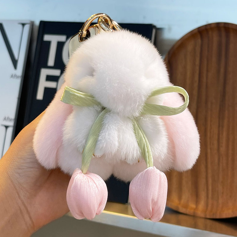 Cute Real Rex Rabbit Fur Little Bunny Tulip Keychain Pendant, Dead Rabbit Mini Plush Doll Bag Charm