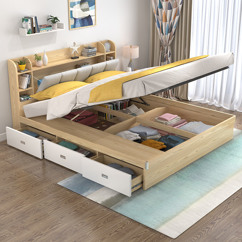 Master bedroom high box storage double bed storage Nordic modern minimalist panel small apartment multi-functional 1 8 meters 1 5