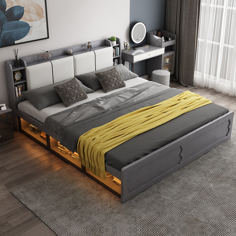 Modern minimalist master bedroom high box bed Nordic furniture set small apartment wedding bed storage storage double bed