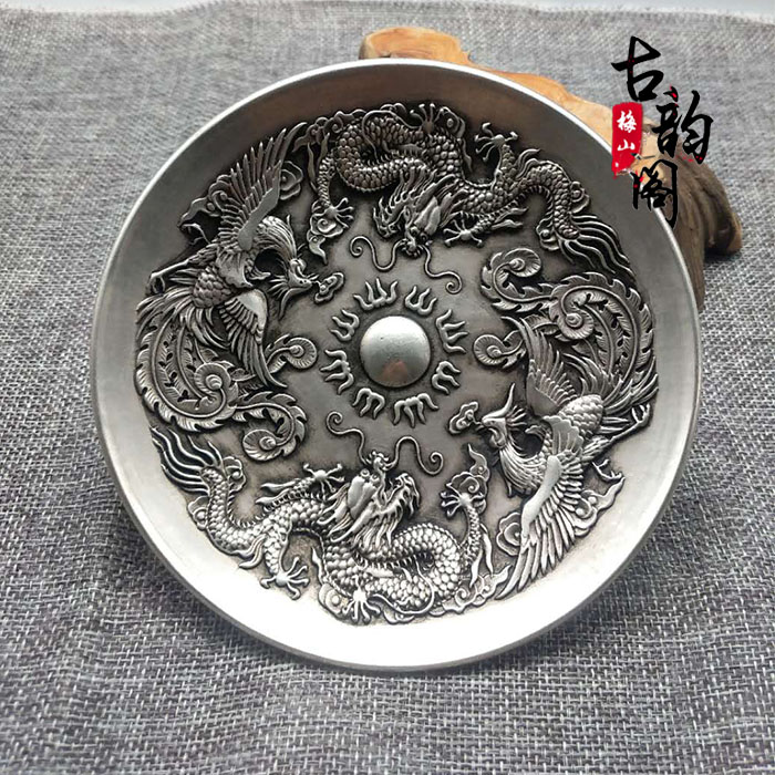 Ancient Play Antique Bronze Ware Collection White Brass silver Longfeng Feng presents an auspicious bronze plate imitation ancient white silver disc subtext room swing piece