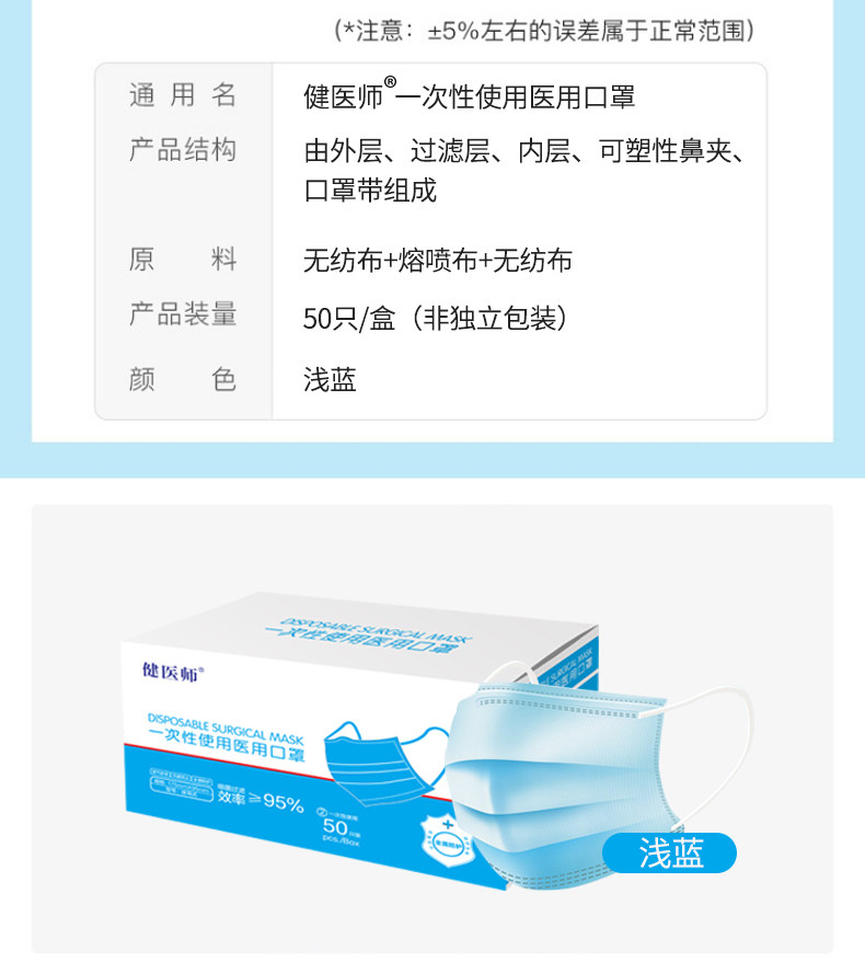 健医师 一次性医用口罩 50只 图6