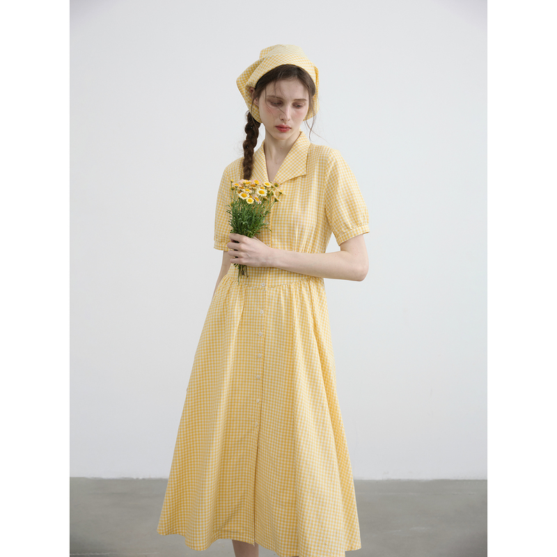 Willbewell Yellow Plaid Shirt Dress Pure Cotton Waist-Cinching V-Neck Flap Pocket Pants Dress for Women