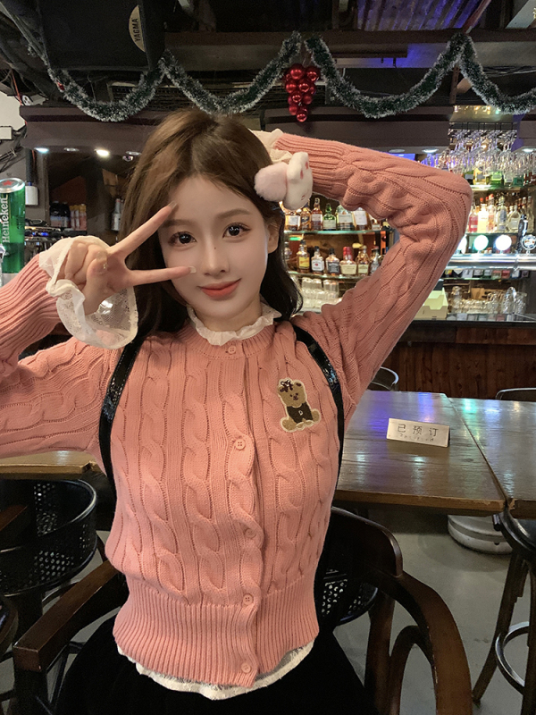 Cookie Pattern Embroidered Bear Short Sweater, Waist-Cinching, Soft and Cozy, Round Neck, Preppy Style Knit Cardigan