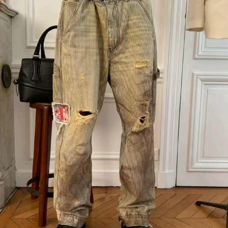 Erd's Distressed Mud-Dyed Cartoon Patchwork American-Style Lumberjack Workwear Striped Pants