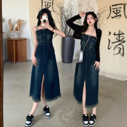 Early spring plus size fat and slimming body-covering breast-wrapped dress summer high-end two-piece suit denim skirt