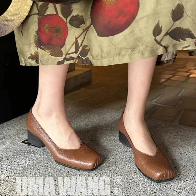 【UMA WANG】ручная работа зажим квадратного носа поперечная ремешковая балетная обувь без каблука высокий каблук классические одинарные туфли для женщин