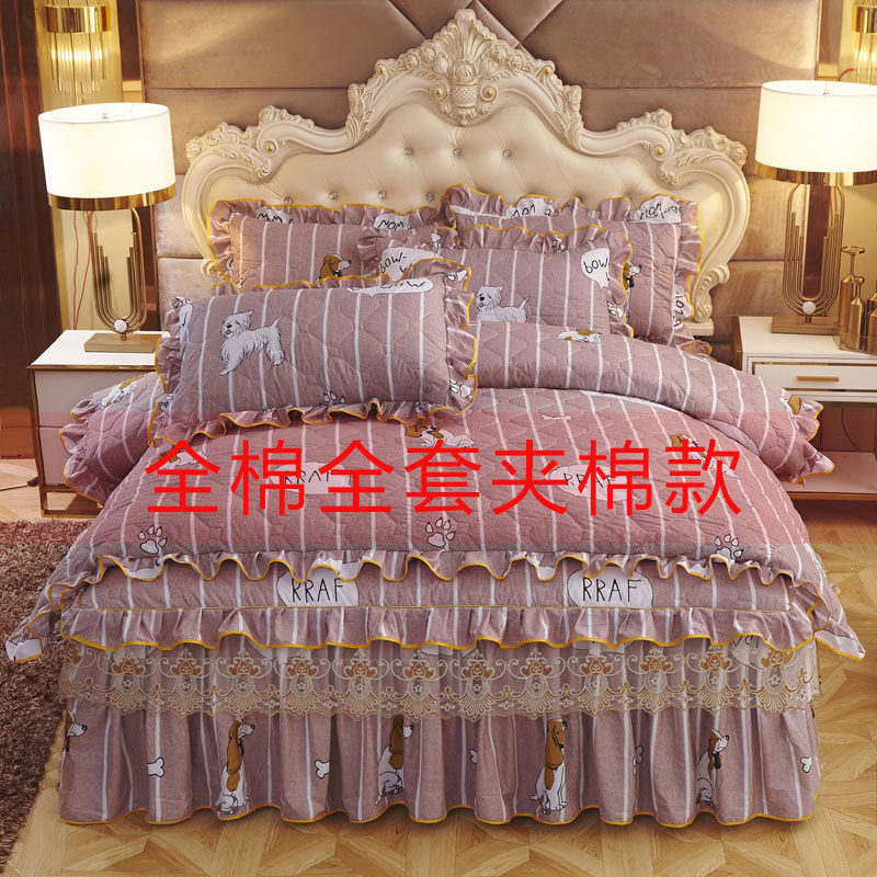 Autumn and winter style warm full set of clip cotton thickened all cotton pure cotton bed skirt 4 sets bedding bedcover quilt cover bed goods