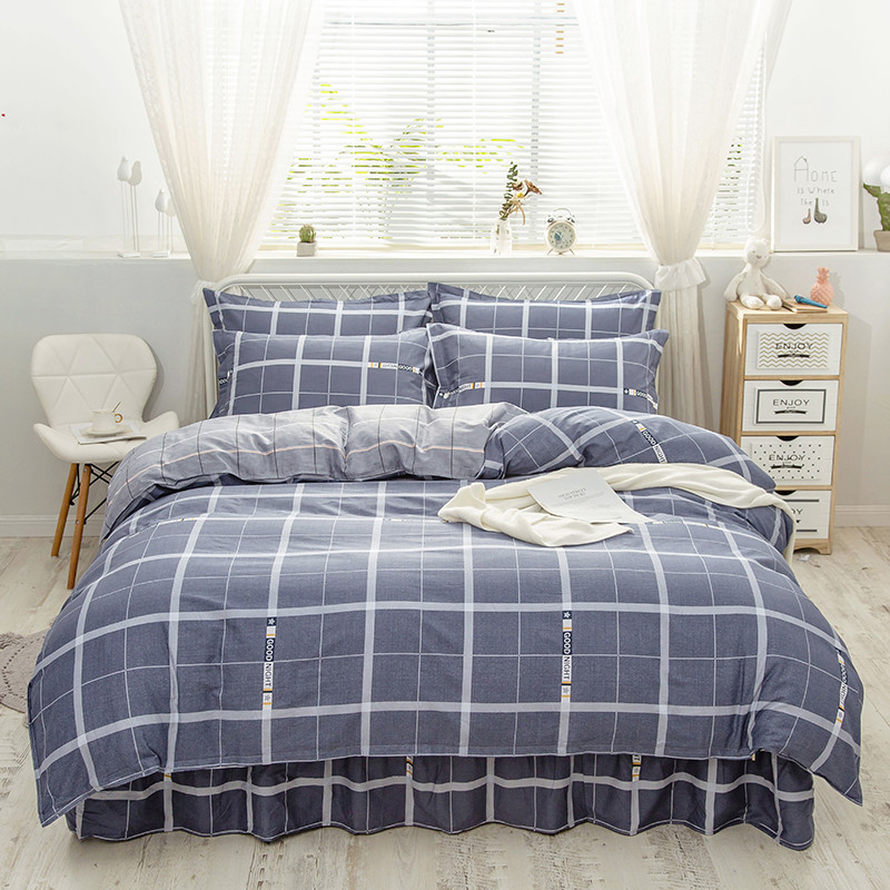 Simple cotton cotton bed skirt four-piece set 100 Korean hipster plaid lace quilt cover 4 bedclothes bedding