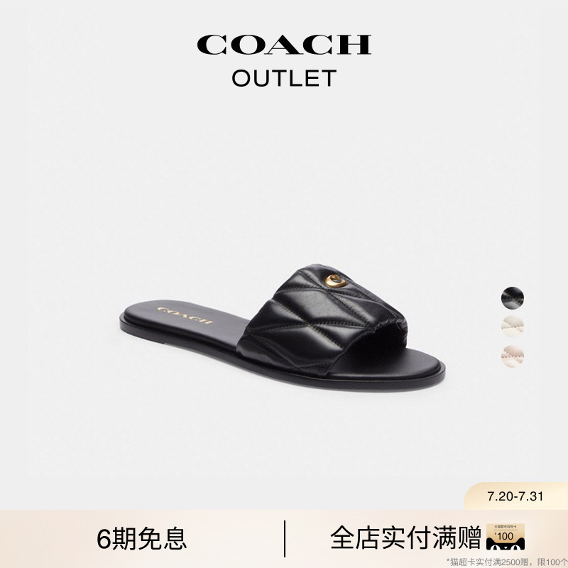 COACH Outlet Women's Black Sheep Leather Quilted Holly Sandals Slippers Low Heel