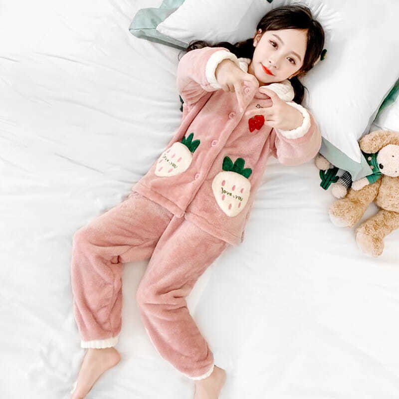 Child Sleepwear Autumn Winter Thickened Coral Fleece CUHK Child Girl Flannel Suede Girl Warm Home Suit Suit
