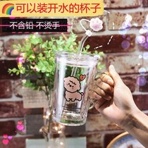 Bring your own straw cup one-piece glass mesh red ins Puppy water glass schoolgirl Han version with straw high face value glass