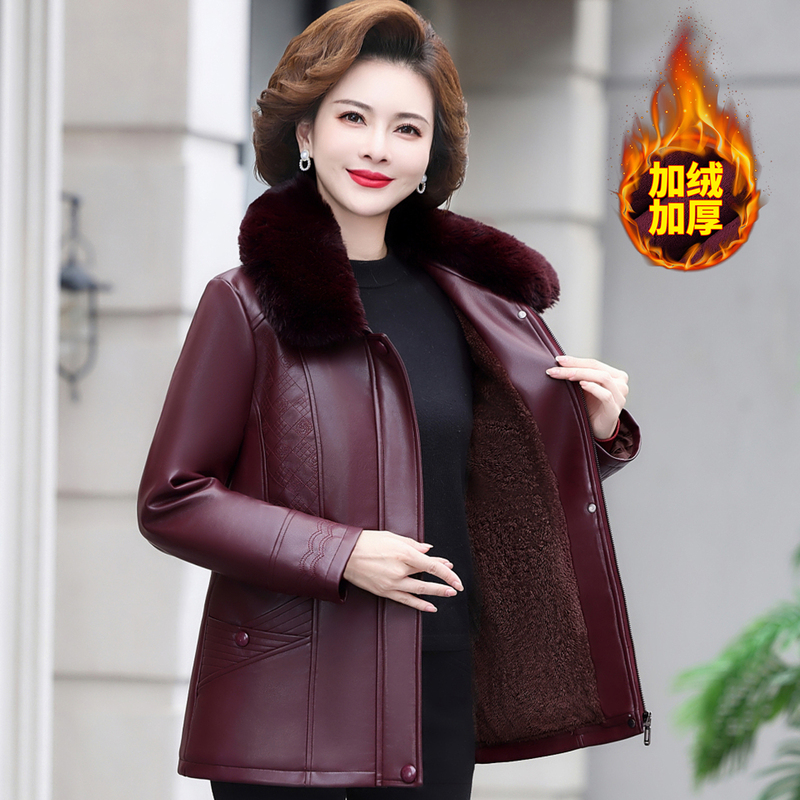 Middle-Aged and Elderly Women's Winter Fleece-Lined and Thickened Leather Jacket, Mother's Clothing, Leather Cotton-Padded Coat, Middle-Aged Large Size Pu Leather Jacket, Cotton Coat