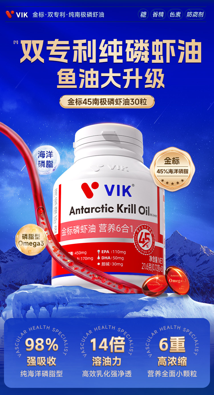 VIK 维克 金标45南极磷虾油 30粒*3件 多重优惠折后¥59包邮 淘金币可抵扣1.77元 88VIP会员还可95折