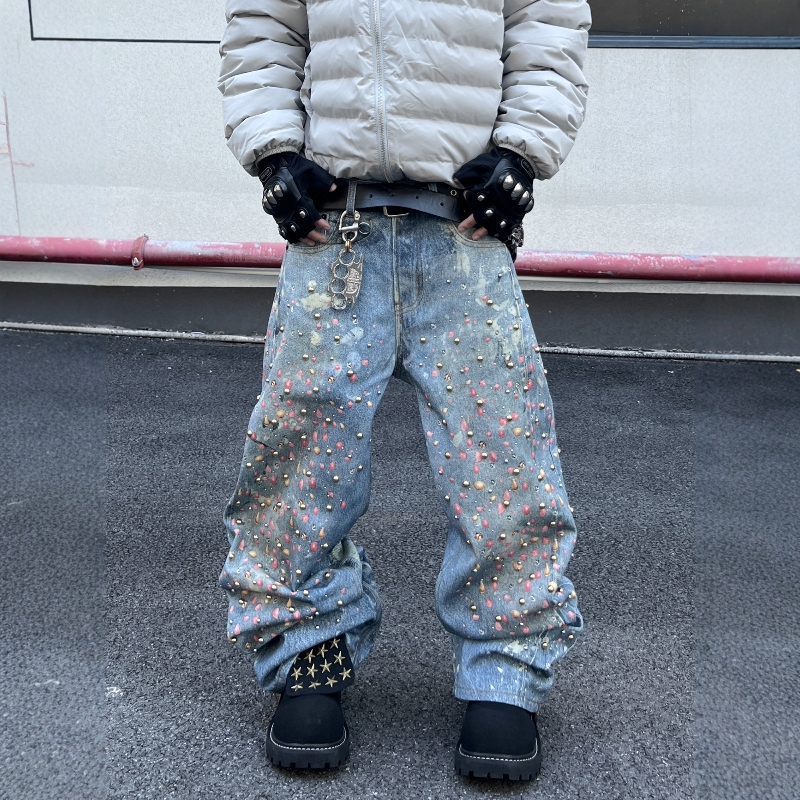 Yizilingf American-Style 3D Printed Colorful Beaded Jeans for Men and Women, Loose Blue Full Rhinestone Straight-Leg Long Pants Yizilingf American-Style 3D Printed Colorful Beaded Jeans for Men and Women, Loose Blue Full Rhinestone Straight-Leg Long Pants