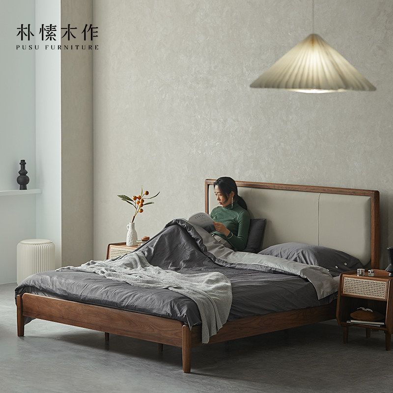 Plain wood for Nordic solid wood bed genuine leather brief about 1 8 m main sleeper black walnuts furniture with a light and luxurious double bed