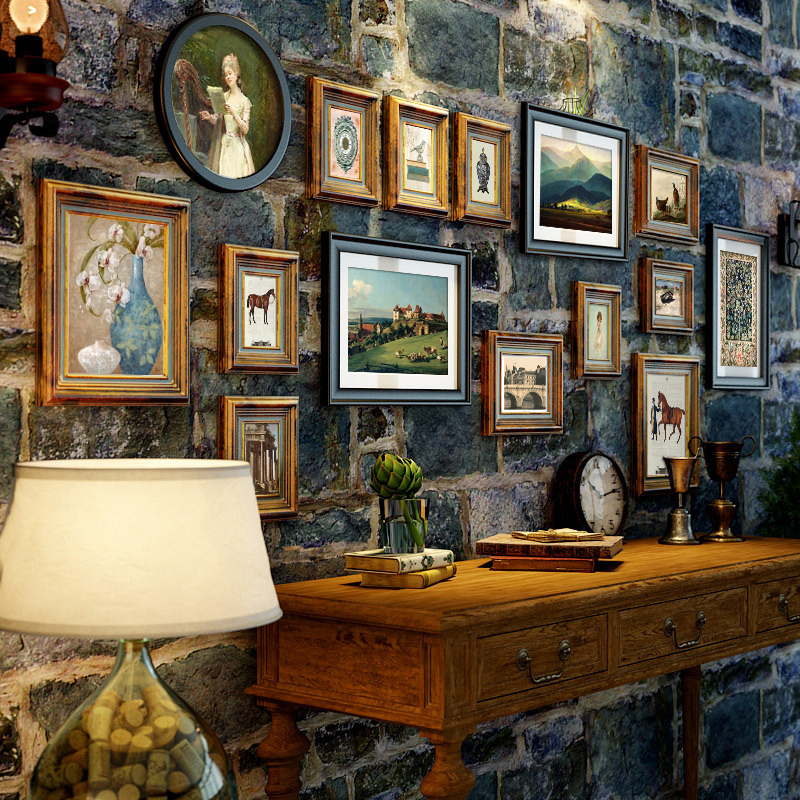 Solid Wood Photo Wall, American-Style Picture Frame Wall, Photo Wall, Vintage Restaurant Living Room Background Wall Decoration Painting, European-Style Combination Painting