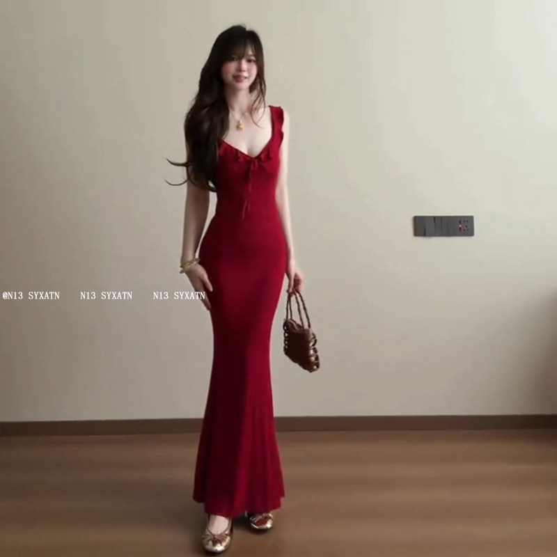 N13 SYXATN/フレンチレトロフリルタイウエストレッドドレス春夏スリムフィットエレガントバケーションドレス（女性用）